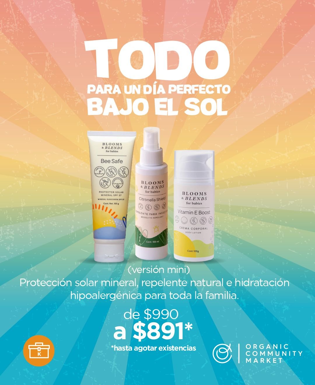 KIT PROTECCION TOTAL PARA VACACIONES (BE SAFE 100G, MINI CITRONELLA SHIELD 100ML, VITAMINA E BOOST 100G)
