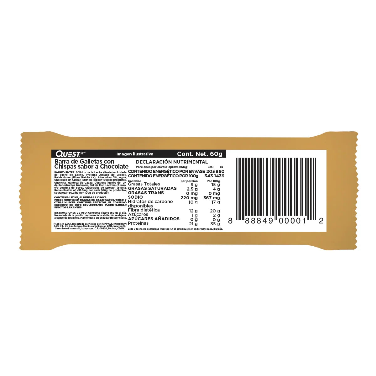 BARRA QUEST DE GALLETAS CON CHISPAS SABOR A CHOCOLATE 60 GR