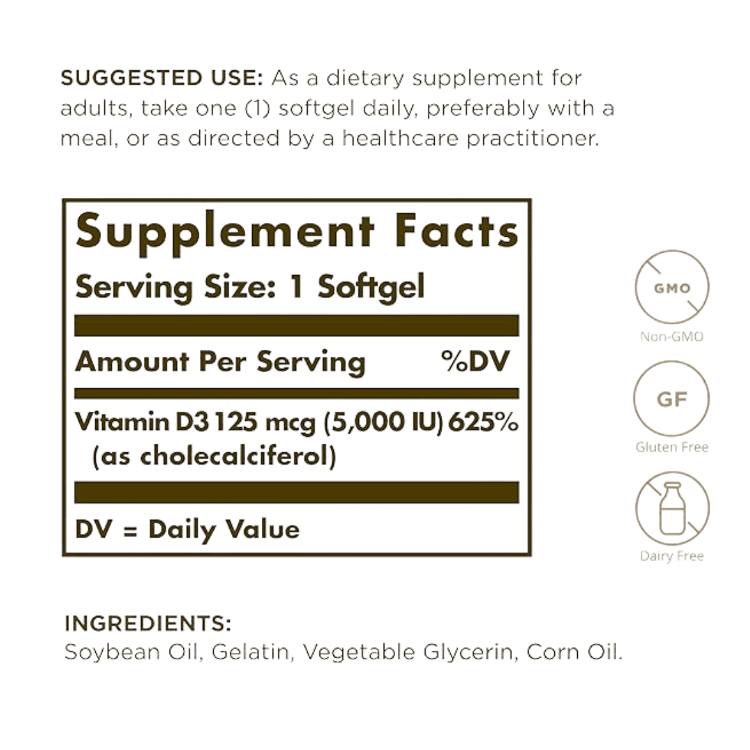 VITAMINA D3 125 MCG 5000 IU 100 CAPSULAS SOLGAR