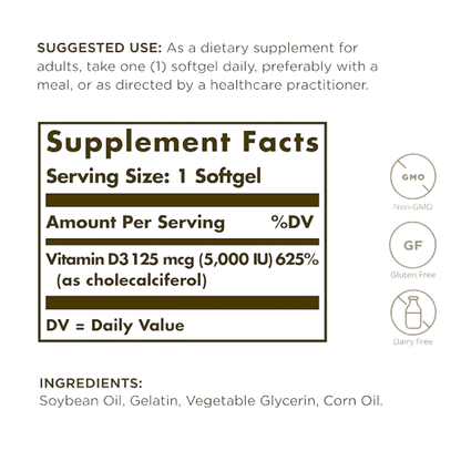 VITAMINA D3 125 MCG 5000 IU 100 CAPSULAS SOLGAR