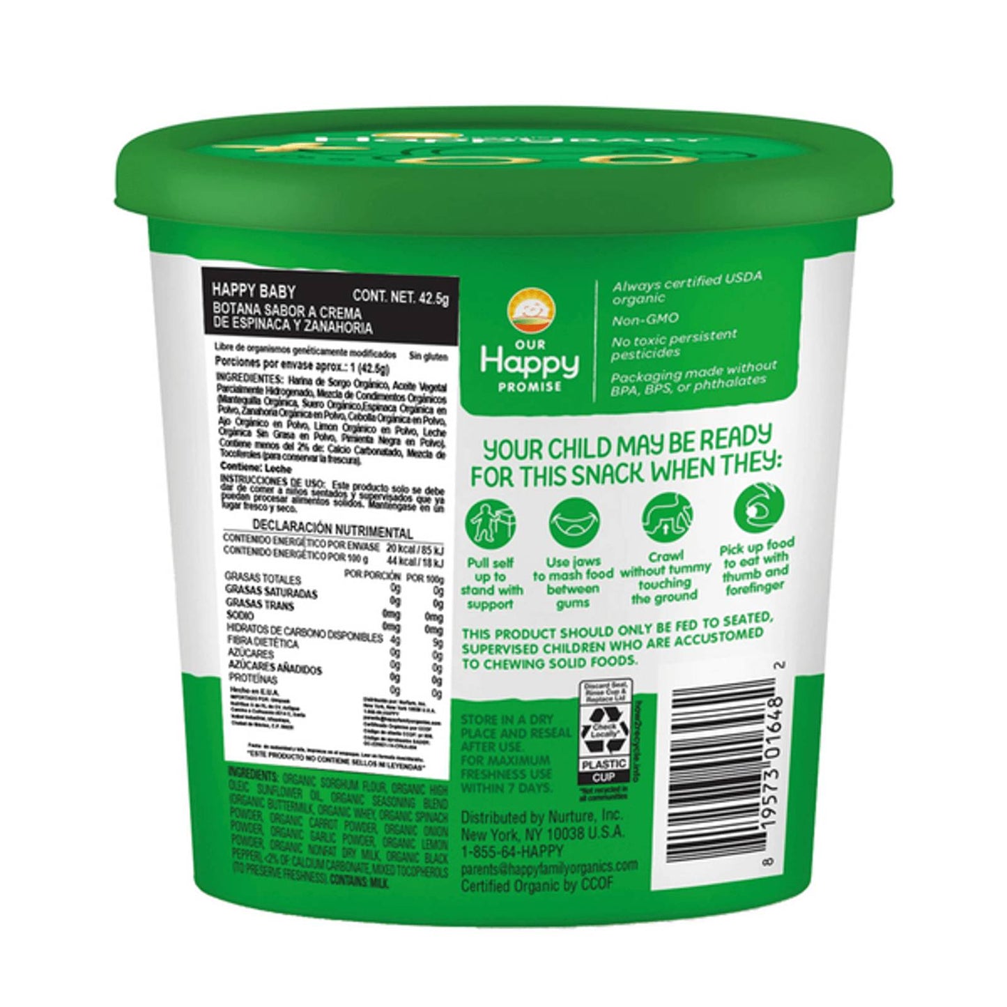 BOTANA SABOR CREMA DE ESPINACA Y ZANAHORIA 42.5 GR HAPPYBABY