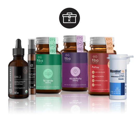 KIT QUEMA GRASA Y REDUCE OC MARKET & TIBA SALUD (PULTSU 30 CAPS, ALCACHOFA 60 CAPS, TE VERDE 60 CAPS, DM2, PROBIOTICO MICROBIOT FIT, SUGAR KILLER UNA PIEZA)