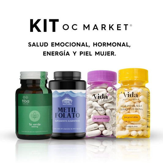 KIT OCM SALUD EMOCIONAL, HORMONAL, ENERGIA Y PIEL MUJER (TIBA SALUD TE VERDE, TIBET NATURA METILFOLATO, ESTRES Y ANSIEDAD, PIEL SANA ACIDO HIALURONICO CON COLAGENO)