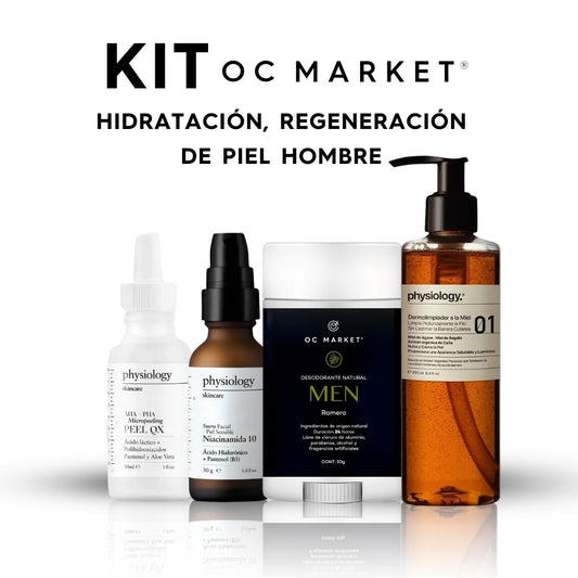 KIT OCM HIDRATACION, REGENERACION DE PIEL HOMBRE (PEEL QX, NIACINAMIDA 4%, JABON DE MIEL, DESODORANTE EN BARRA HOMBRE)