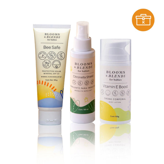 KIT PROTECCION TOTAL PARA VACACIONES (BE SAFE 100G, MINI CITRONELLA SHIELD 100ML, VITAMINA E BOOST 100G)