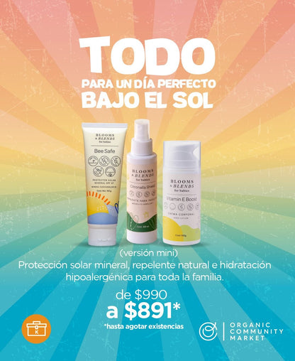 KIT PROTECCION TOTAL PARA VACACIONES (BE SAFE 100G, MINI CITRONELLA SHIELD 100ML, VITAMINA E BOOST 100G)