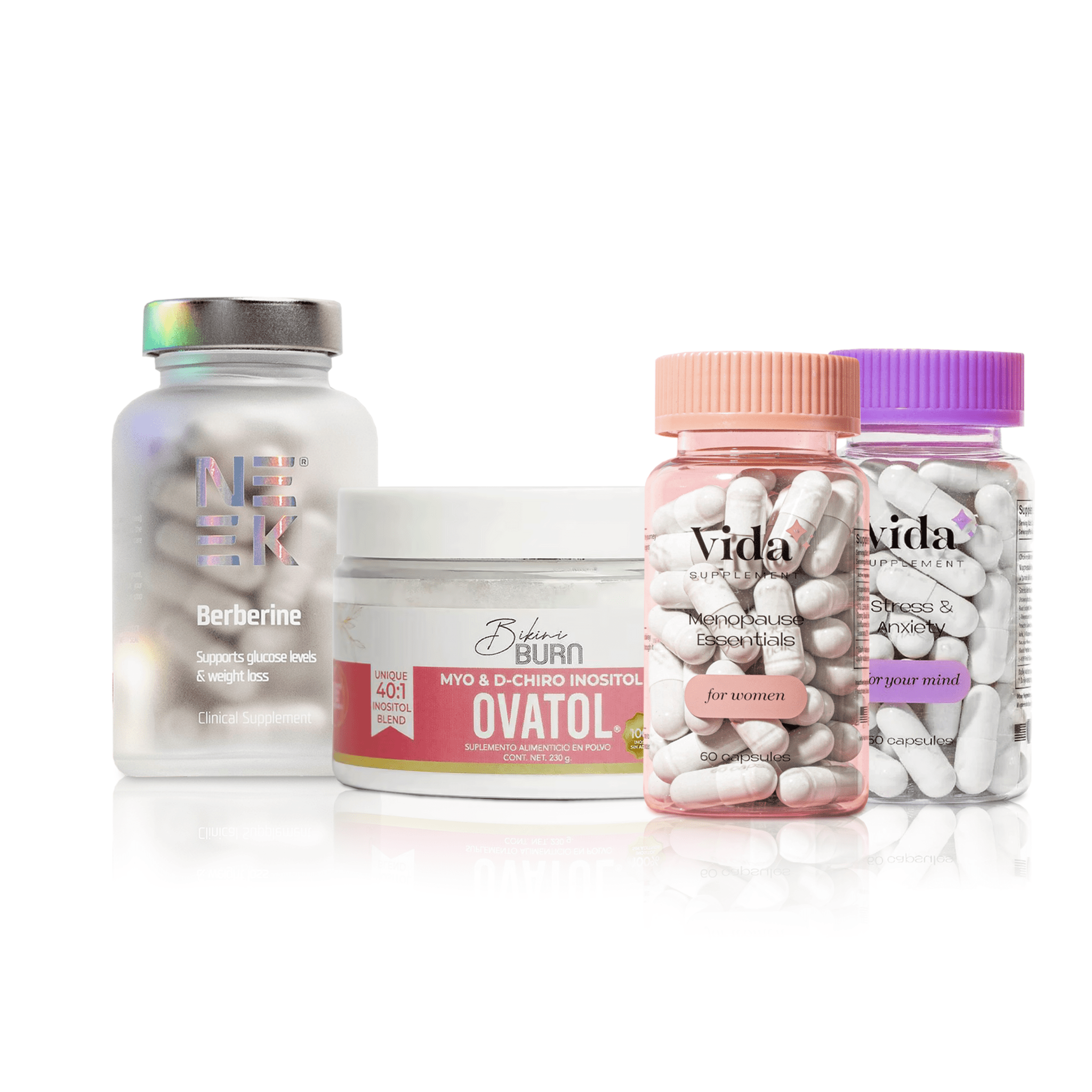 KIT BASICO PERIMENOPAUSIA (ESTRES Y ANSIEDAD 60 CAPS VIDA SUPPLEMENT, MENOPAUSIA 60 CAPS VIDA SUPPLEMENT, BERBERINA 60 CAPSULAS NEEK, MYO & D - CHIRO INOSITOL OVATOL 230 G) - Oc Market
